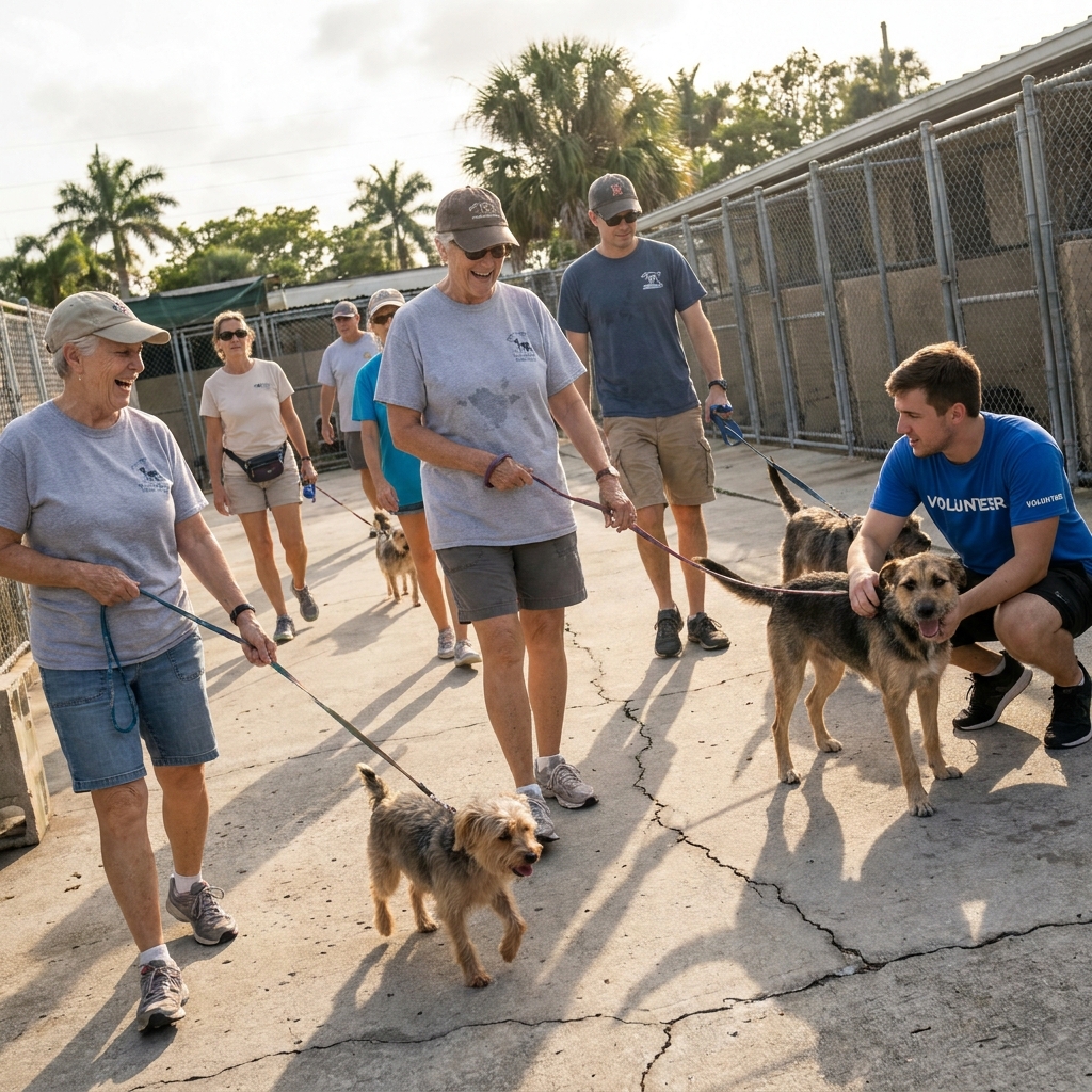 A volunteer dog adoption event at a local Broward County shelter with happy families petting dogs in a sunny indoor space