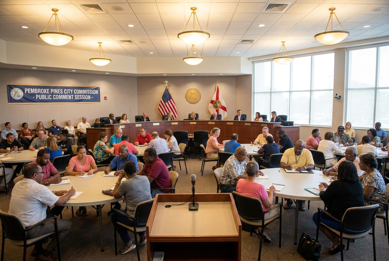 Diverse community leaders seated around a conference table during a Pembroke Pines civic meeting with flags visible