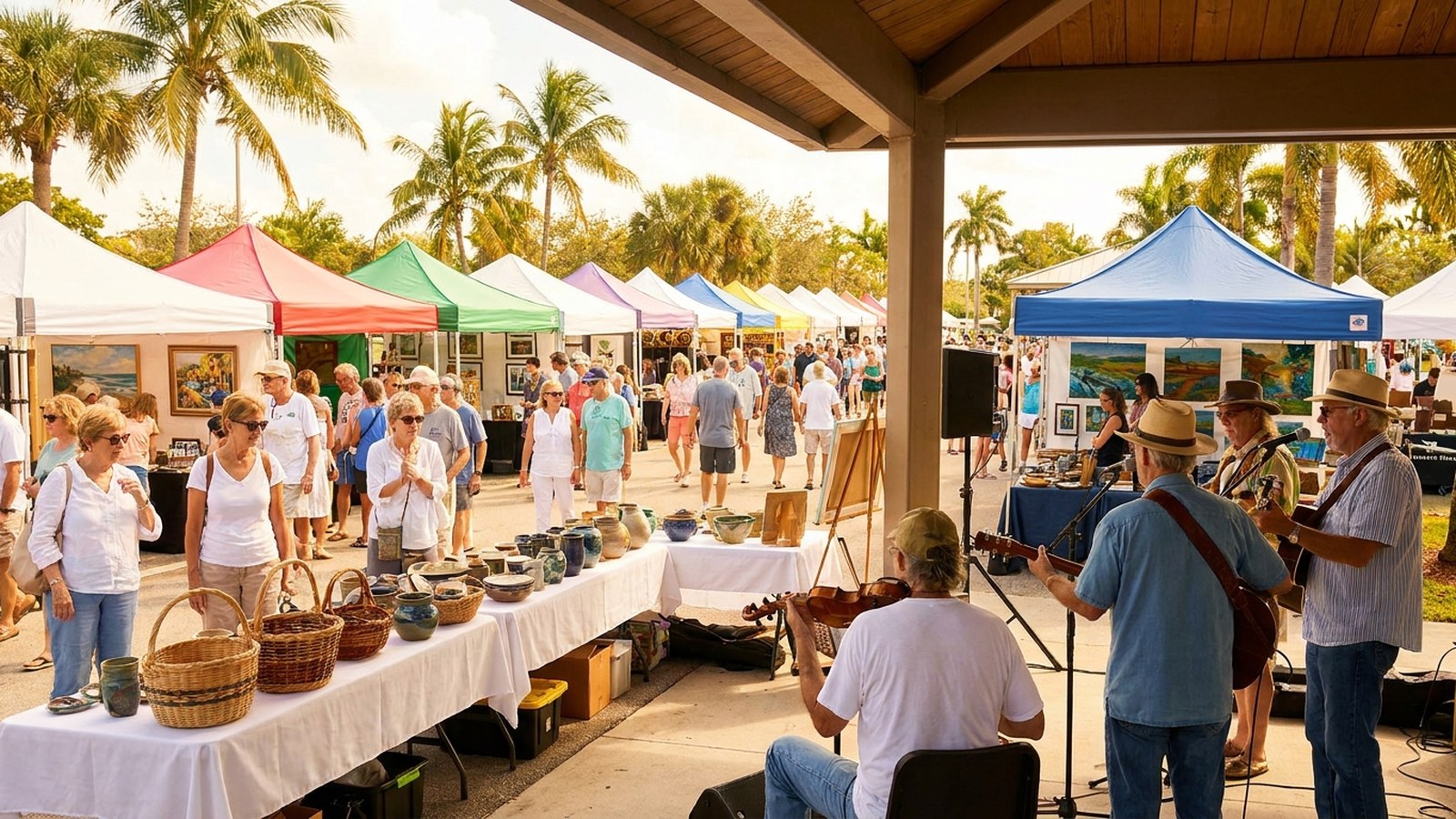 Vibrant outdoor arts festival in South Florida with colorful tents and community gathering