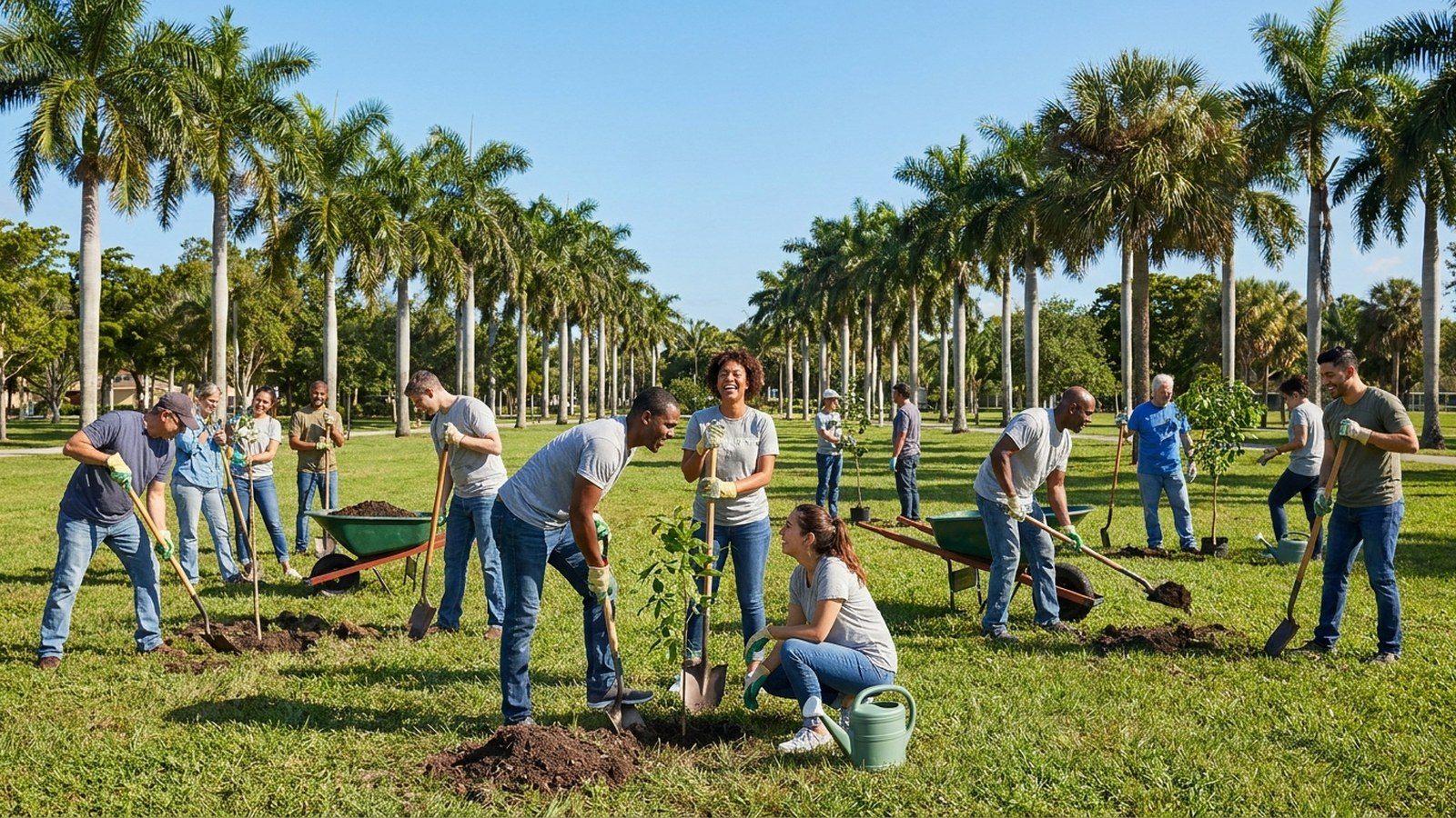 Community volunteers working together on a project in a sunny South Florida park