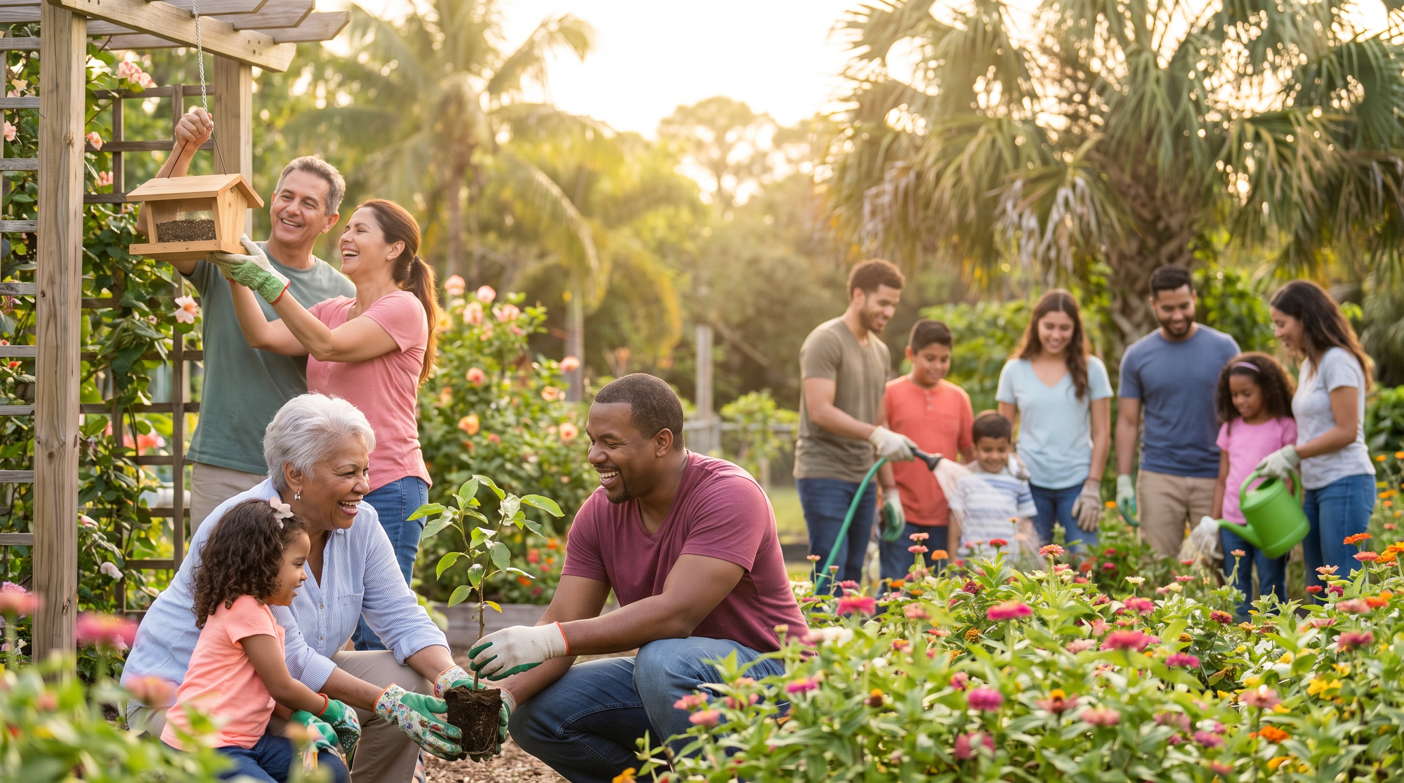 Diverse multi-generational volunteers working together planting trees and hanging bird feeders at a South Florida community garden — fellowship and service across traditions
