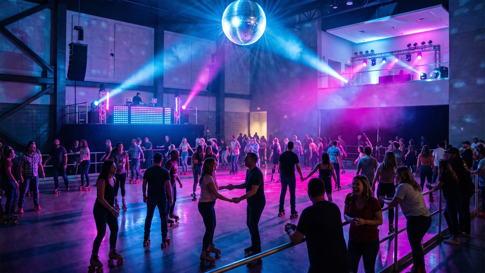 Adults 21+ rollerskating under neon lights at a dark concert hall — Charles F. Dodge City Center, Pembroke Pines