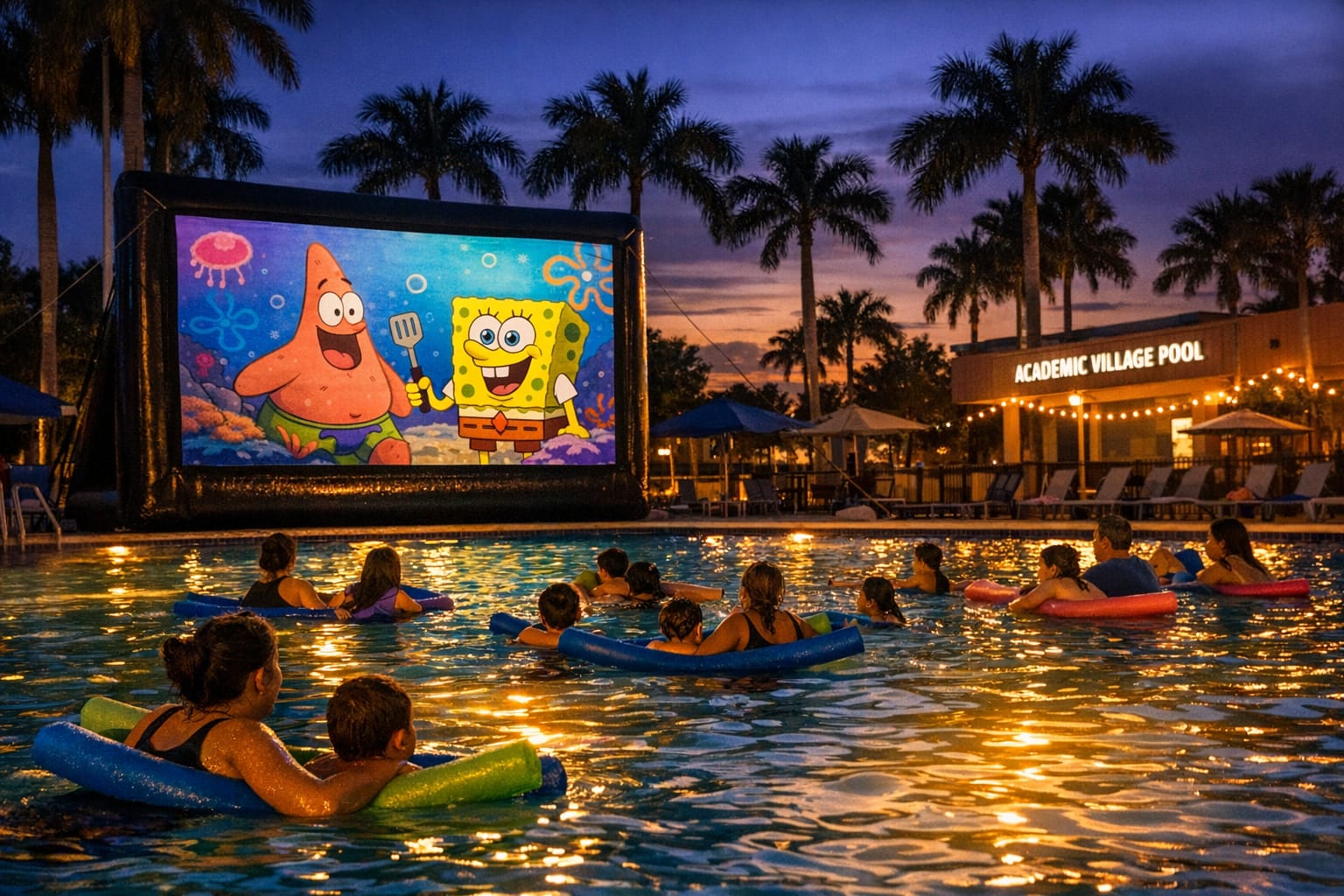 Families floating in a pool watching a movie projected on a big screen