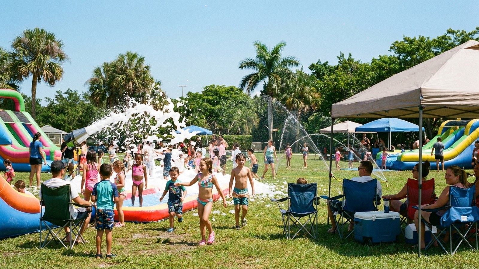 Kids playing with water slides and foam at a summer water play day in a park