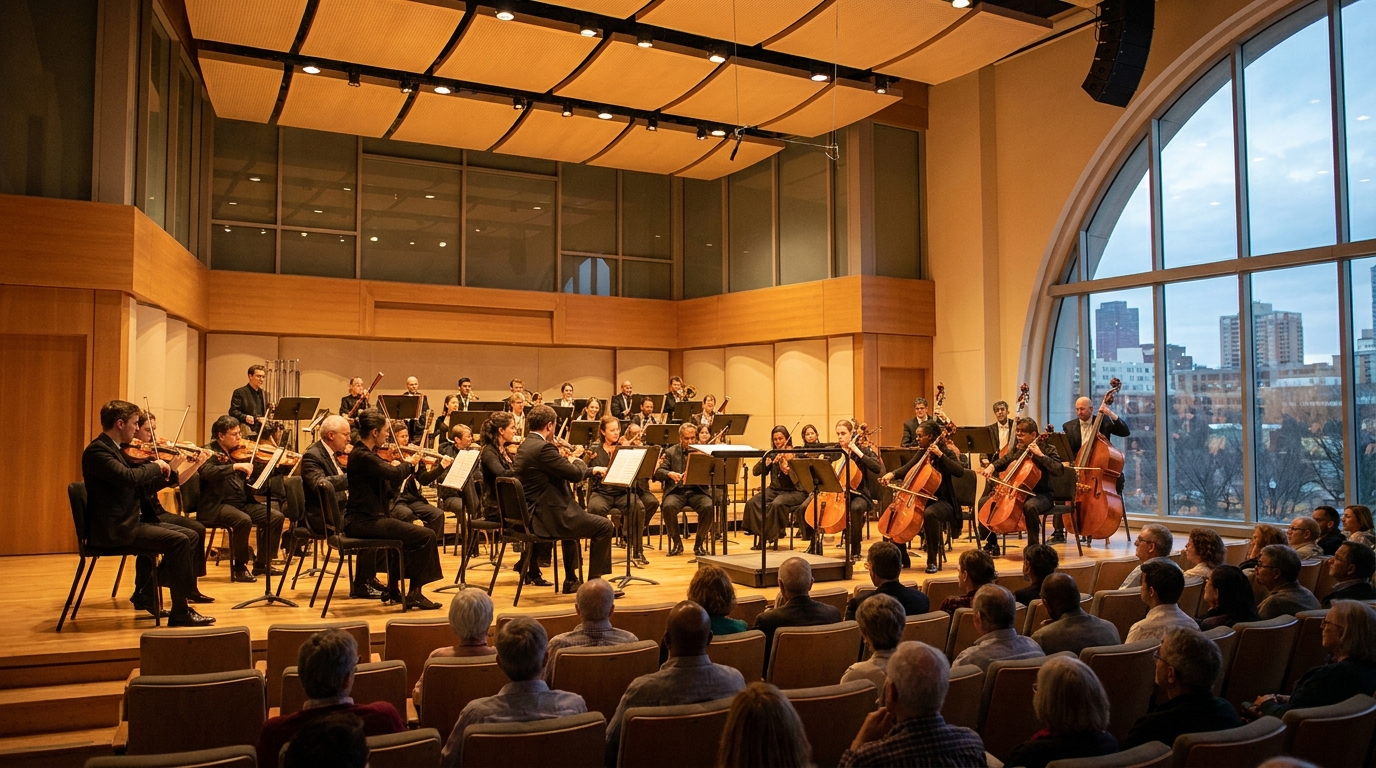 Orchestra performing in a bright modern concert hall with warm stage lighting