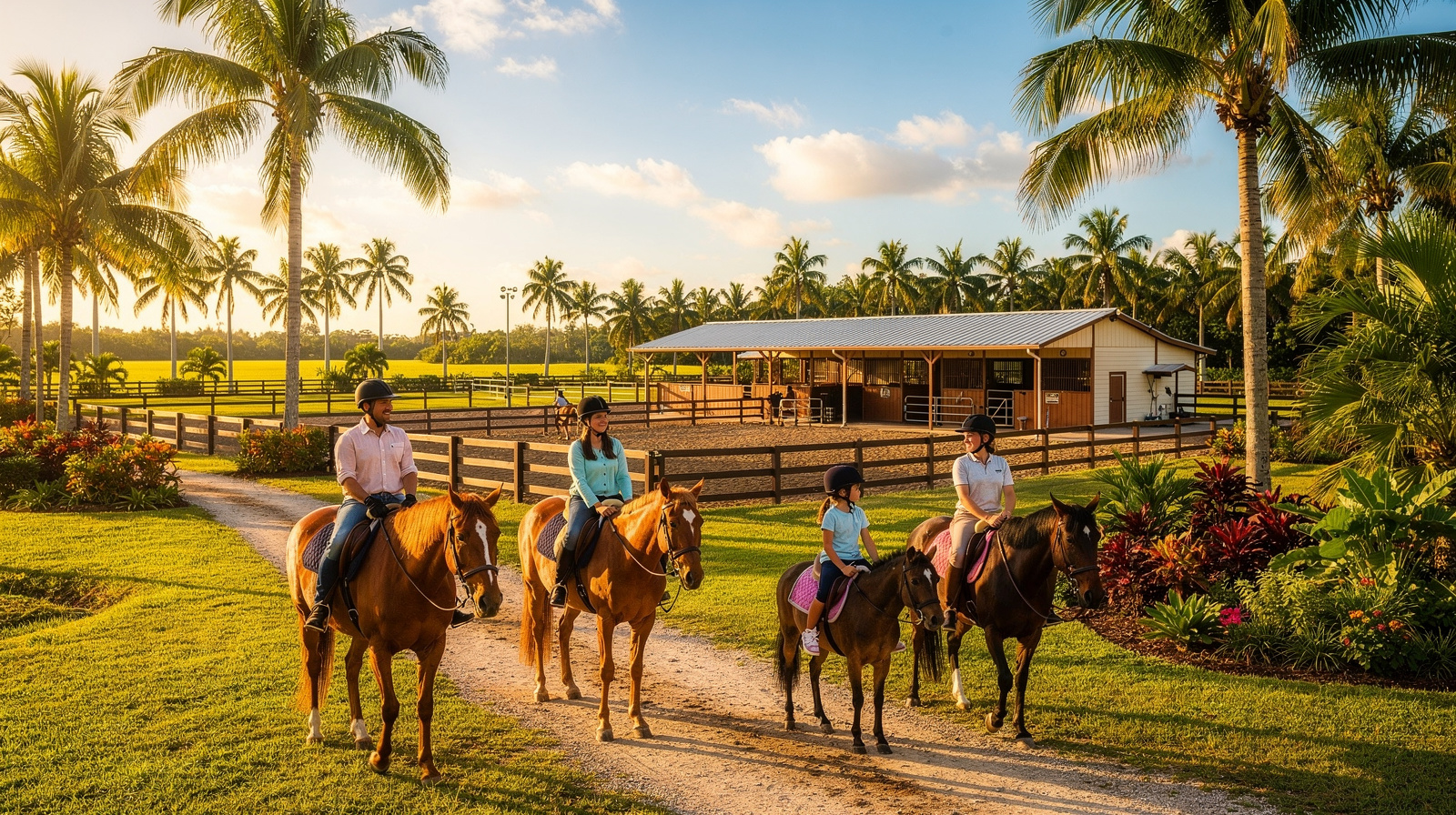 Family horseback riding adventure on scenic trail at Bar-B-Ranch, Davie