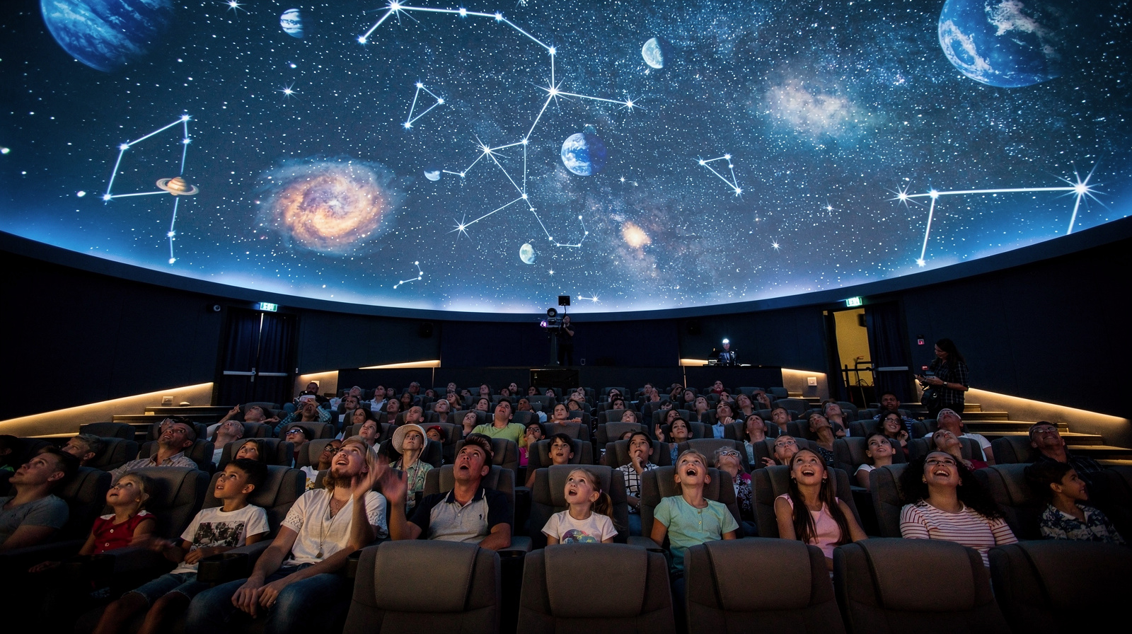 Families enjoying planetarium show with projected starry night sky at Buehler Planetarium, Davie