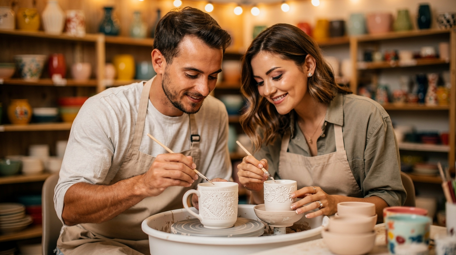 Couple painting pottery together at The Clay Cottage Studio, Pembroke Pines — a creative date night experience