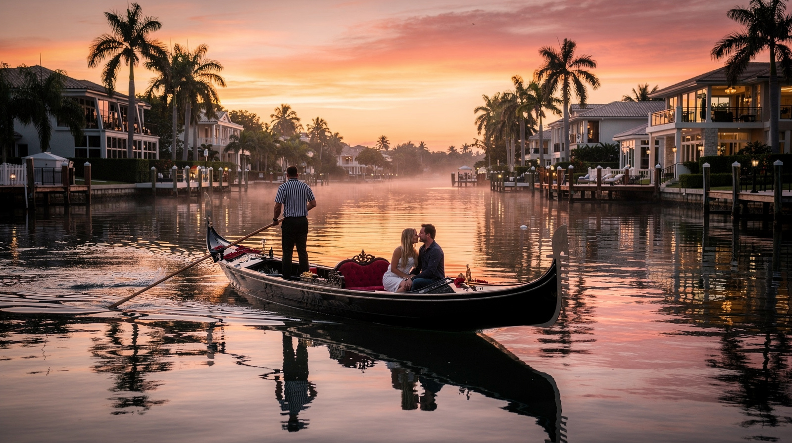 Gondola ride along scenic Las Olas canal at sunset, Fort Lauderdale