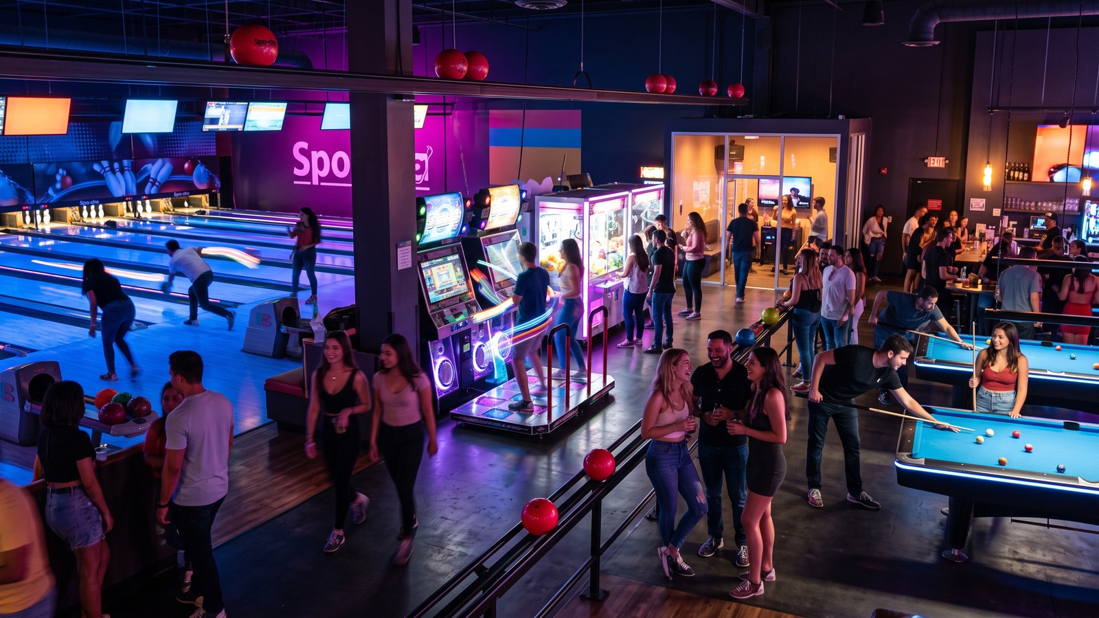 A vibrant neon-lit multi-activity arcade and bowling complex with groups of adults playing various games including bowling, arcade machines, and billiards