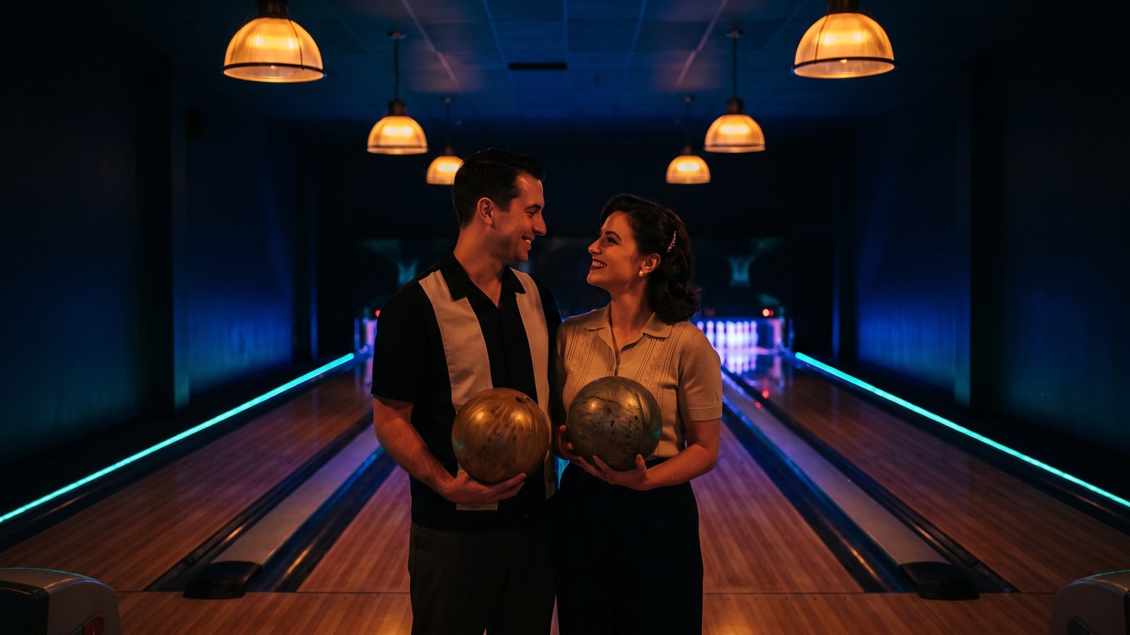 A couple bowling together at AMF Pembroke Pines Lanes on a date night, warm amber and teal lane lighting creating an intimate evening atmosphere