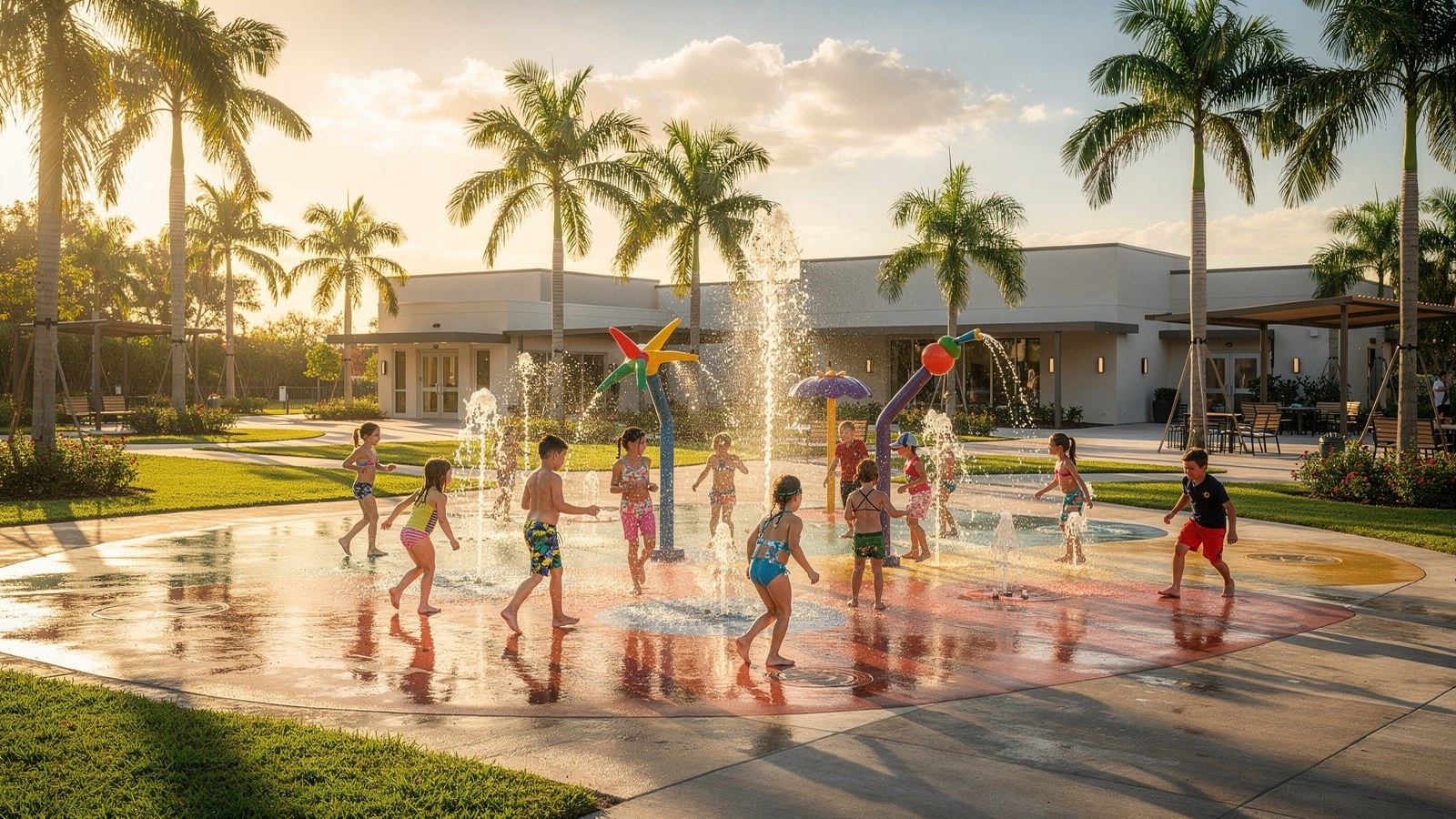 Community pool and aquatic center with families enjoying swimming and water play on a sunny day in Pembroke Pines, Florida