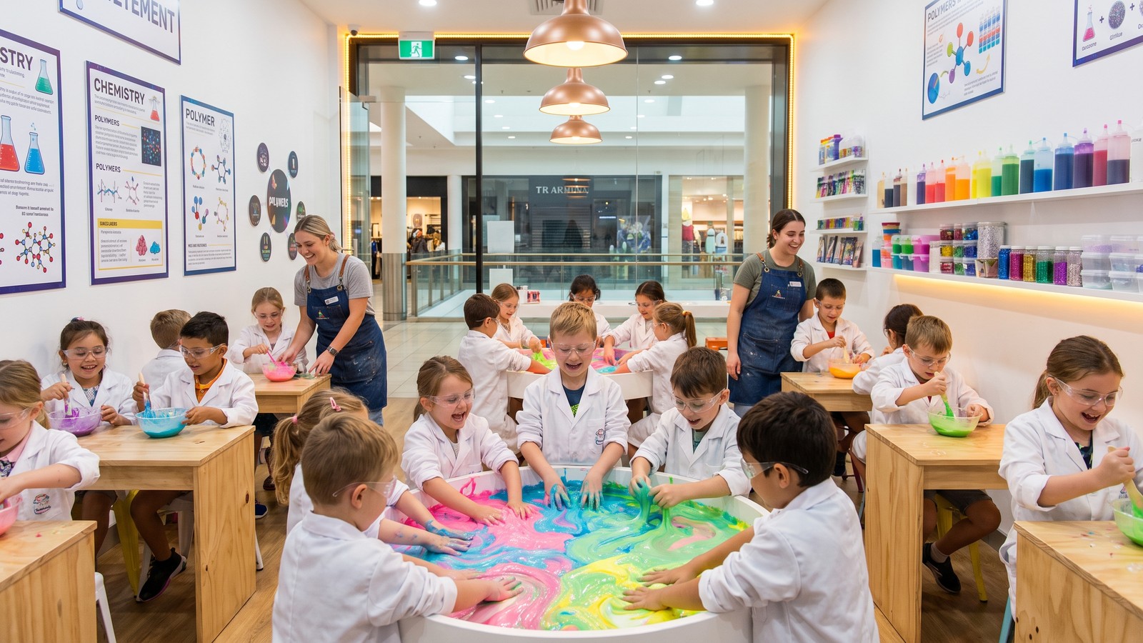 Children in white lab coats and safety goggles happily making colorful slime at individual workstations inside a bright science-lab themed activity space