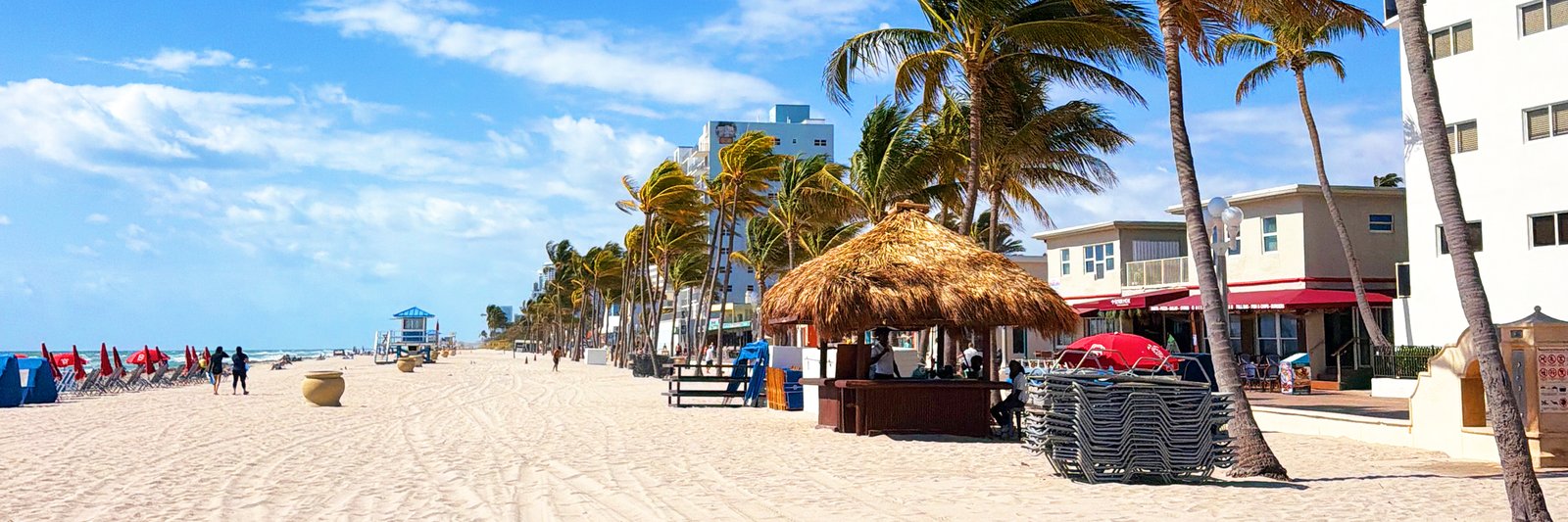 Sunny Hollywood Beach scene with palm trees, tiki hut, lounge chairs, and lifeguard tower along the oceanfront