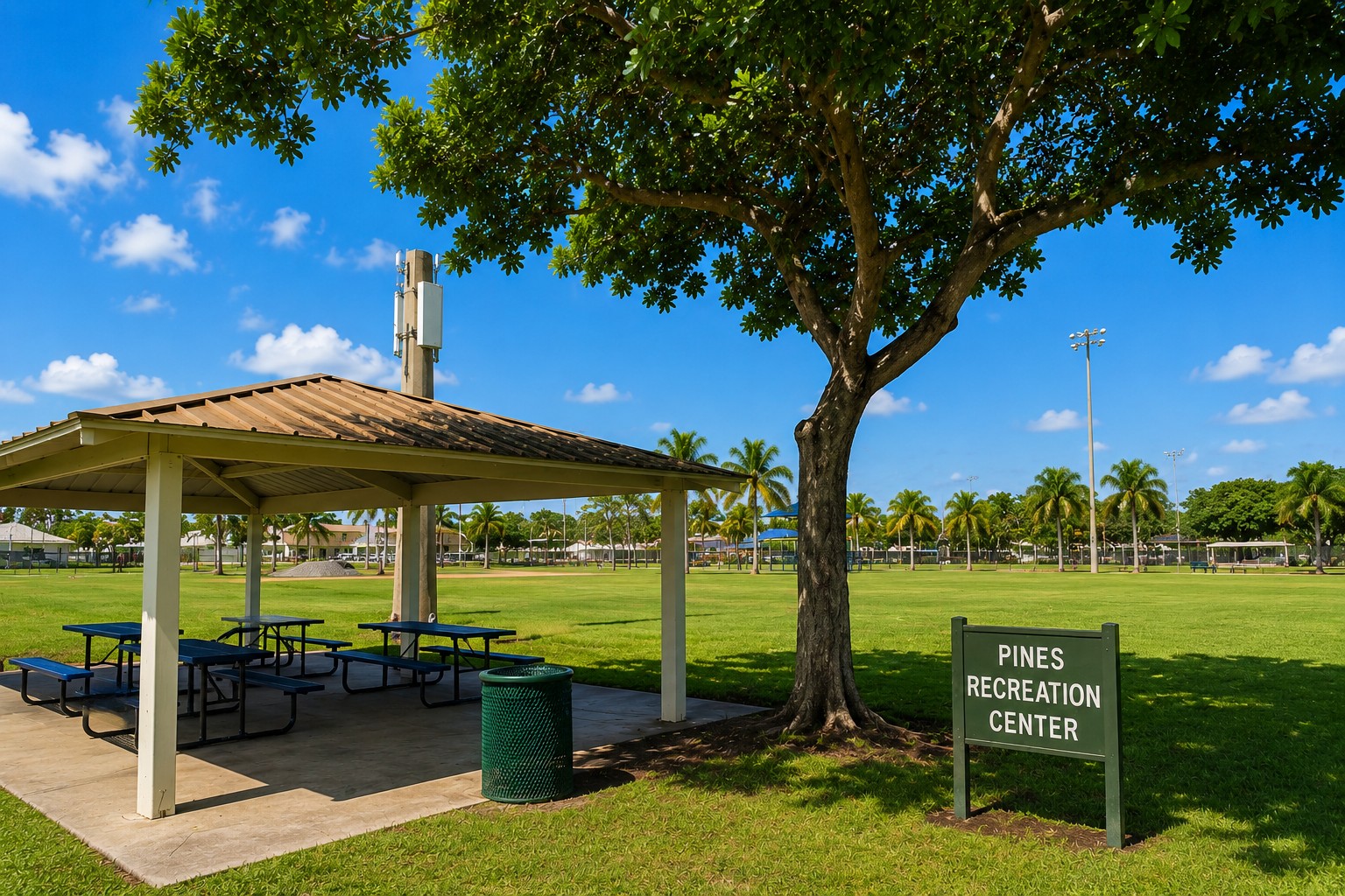 Pines Recreation Center shaded picnic pavilion with green field, palm trees, sports lights, and playground structures under blue sky in Pembroke Pines, Florida