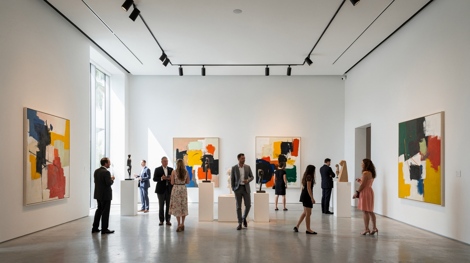 A contemporary art gallery interior in South Florida with abstract paintings and sculptures on display, visitors browsing the exhibitions