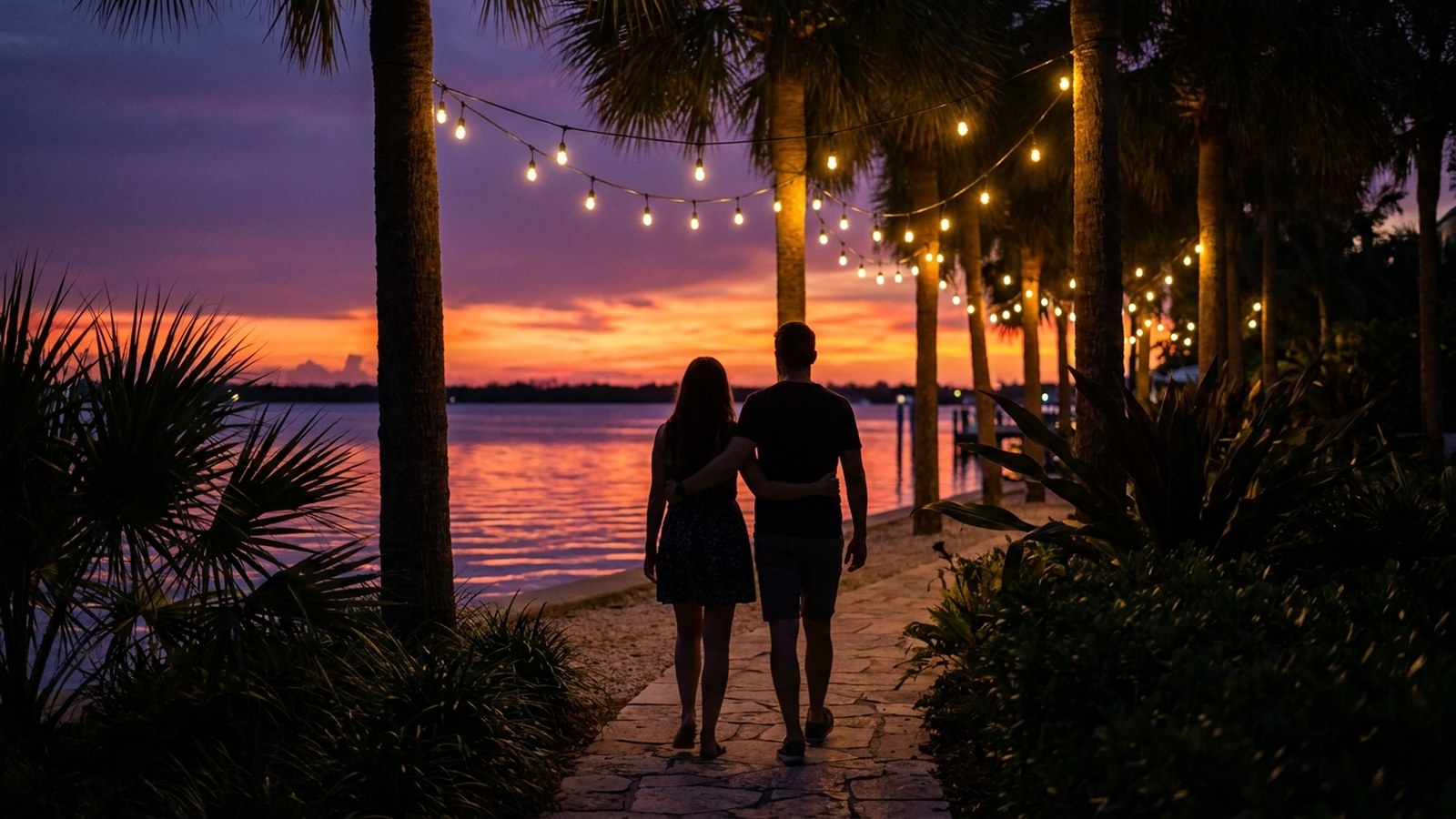 A romantic couple walking together along a waterfront path at sunset in South Florida, palm trees silhouetted against a purple and orange sky with warm string lights overhead