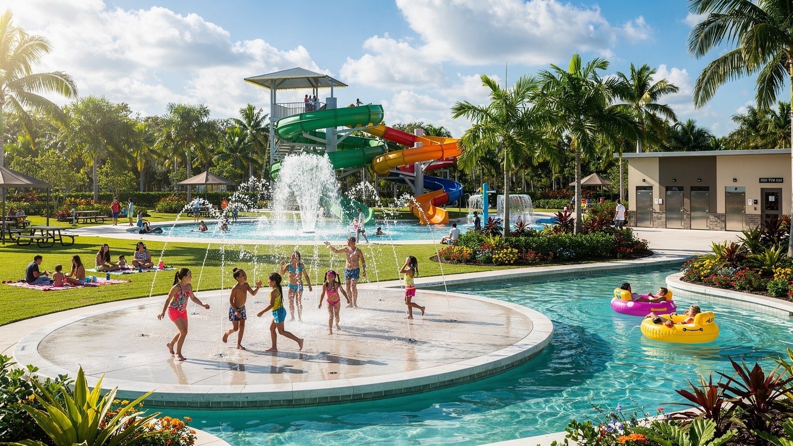 Children playing in the splash pad and water playground at C.B. Smith Park in Pembroke Pines on a sunny South Florida day