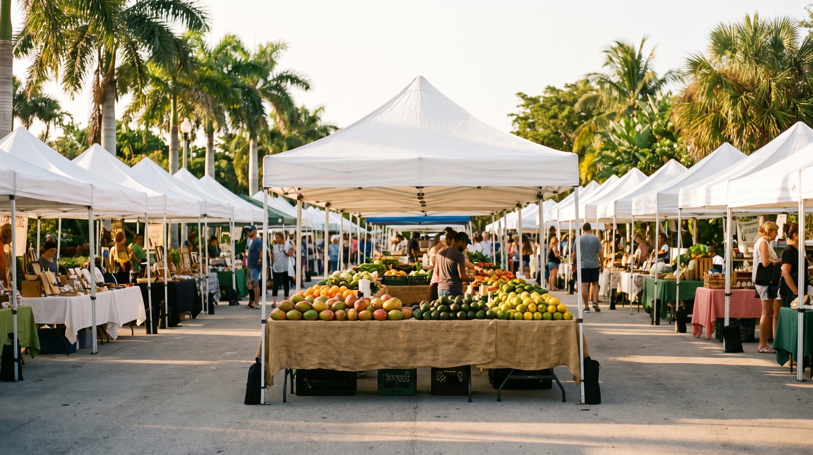 A vibrant outdoor farmers market in South Florida with white canopy tents, tropical fruit stalls, and people browsing under palm trees on a sunny day