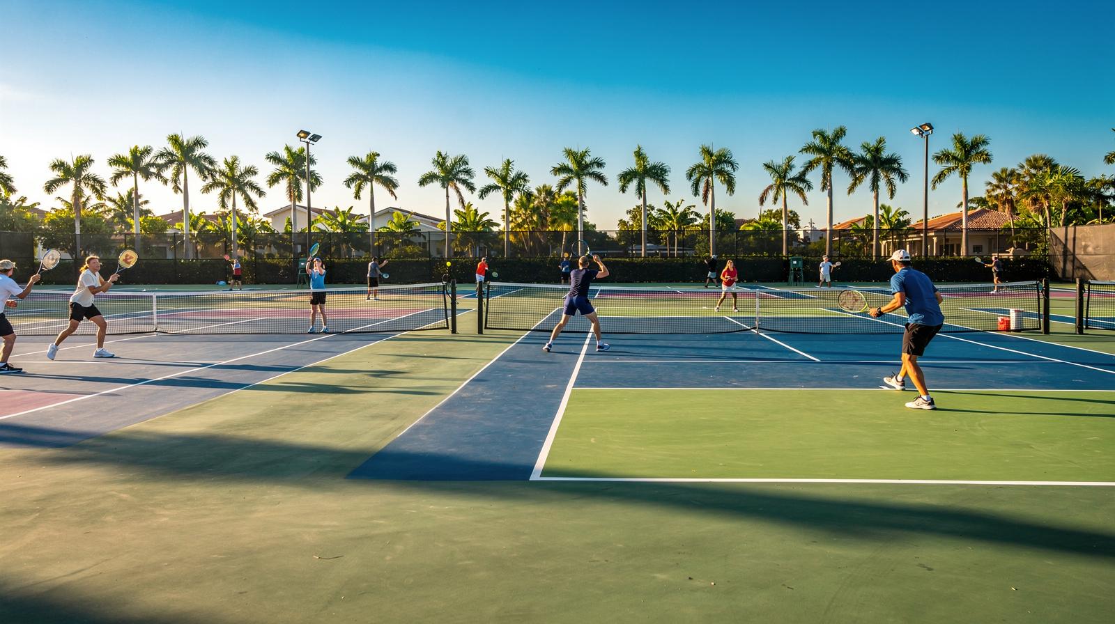 Active pickleball and tennis courts in Pembroke Pines with players on the courts, palm trees, and bright blue sky