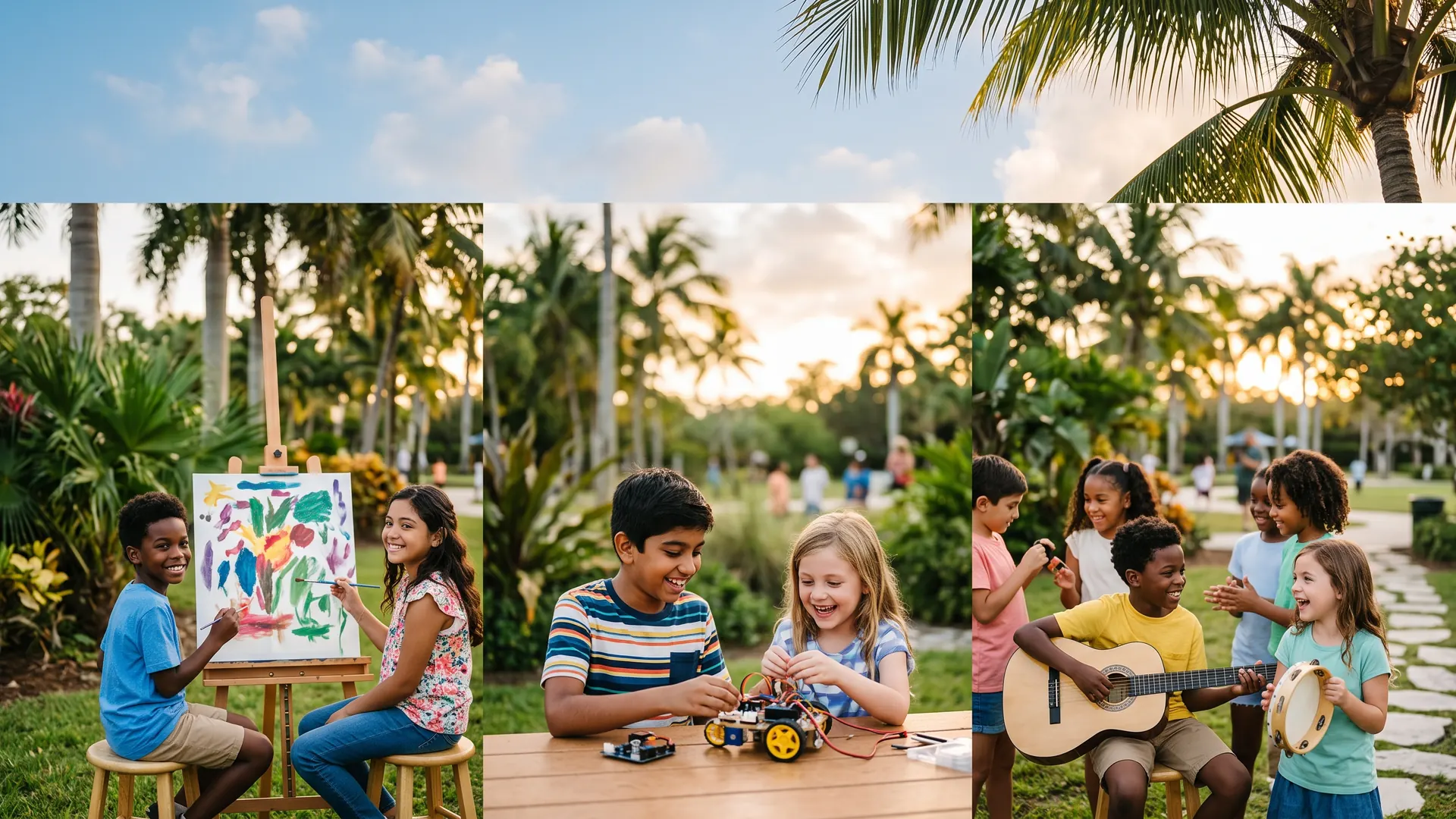 Diverse South Florida children engaged in enrichment activities — painting, robotics, music, and hands-on learning in a warm community setting