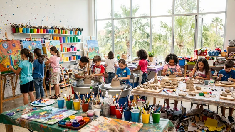 Children painting, sculpting, and working at multiple art stations in a vibrant community studio