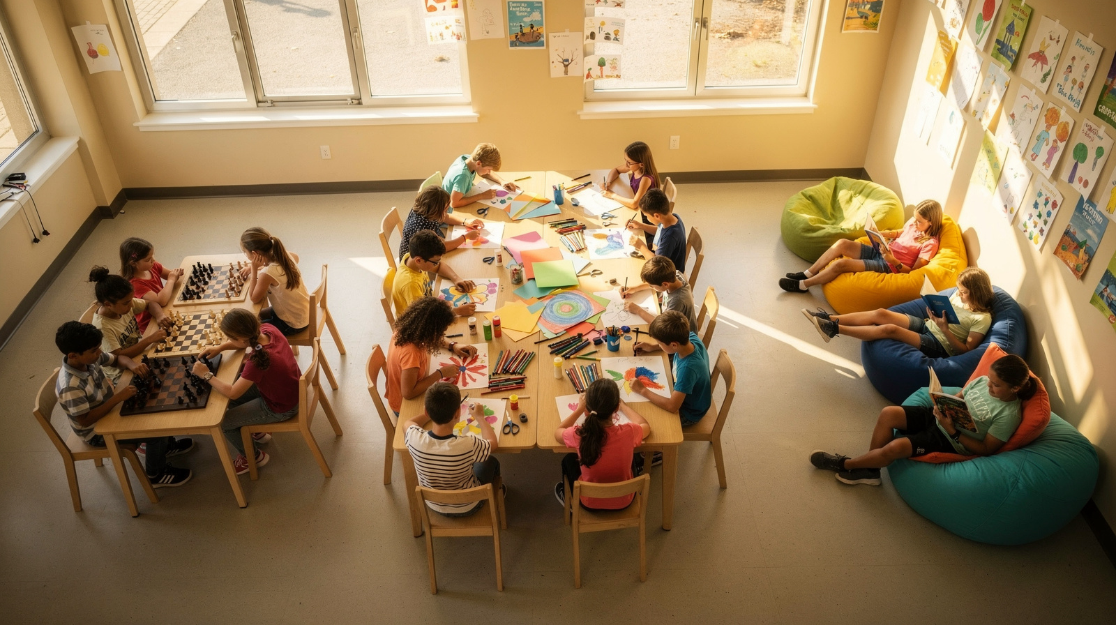 Children engaged in diverse after-school enrichment activities including chess, art projects, and reading in a bright community learning center