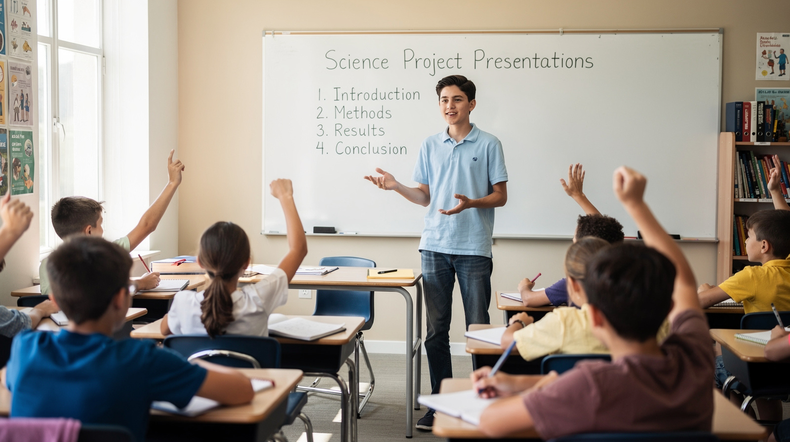 Confident teenager giving a presentation in a bright classroom with students raising hands