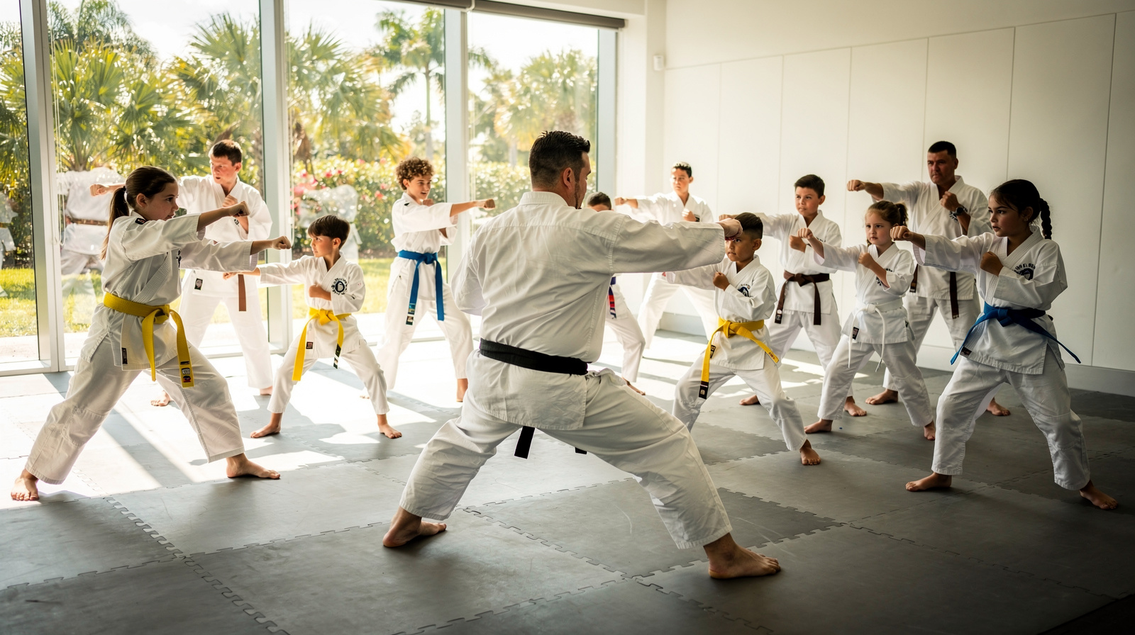 Diverse group of children and teens practicing martial arts in a bright modern dojo with floor-to-ceiling windows showing palm trees