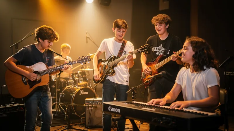 Young musicians playing together as an ensemble with acoustic guitar, keyboard and drums on a rehearsal stage