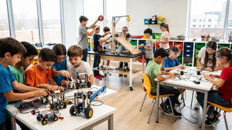 Children exploring robotics kits and hands-on engineering projects in a modern STEM learning lab
