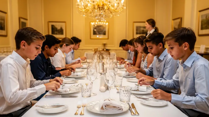 Students practicing social skills and table manners in a bright classroom