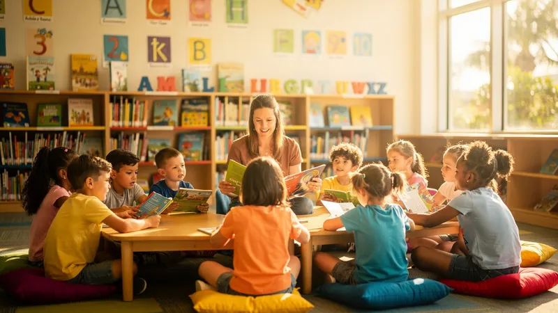 Children reading and working together in a library learning area
