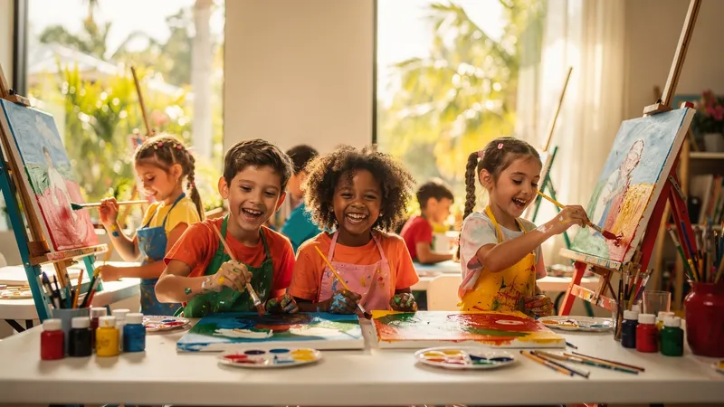 Children creating visual art in a bright community studio with easels and supplies