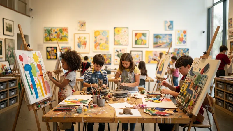 Diverse children creating art projects in a museum classroom environment