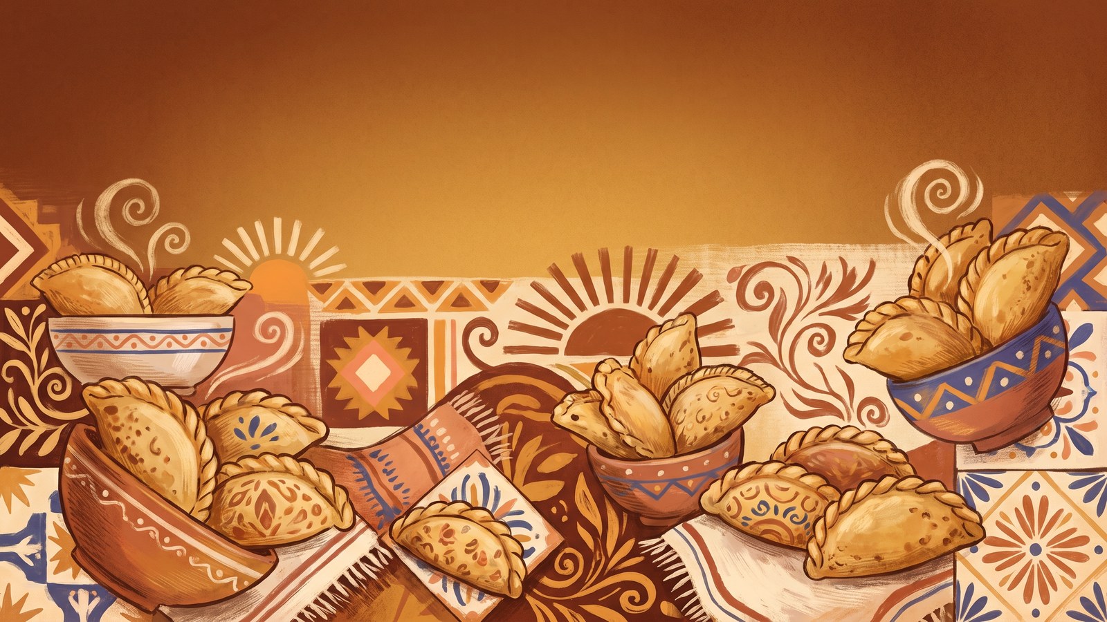 Stylized illustrated arrangement of baked empanadas on a warm amber background