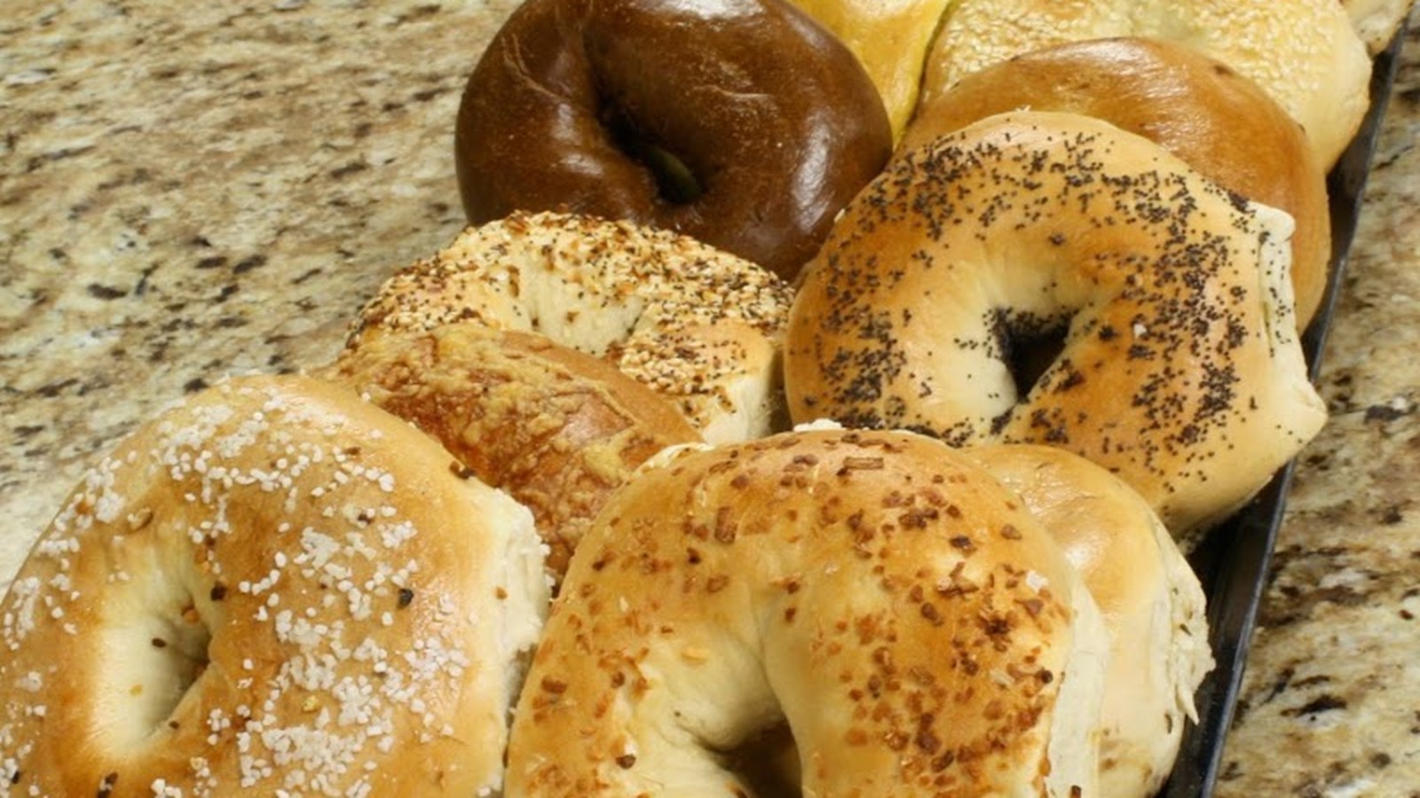 Assorted fresh bagels — plain, sesame, poppy seed, onion, everything, and pumpernickel — at Mayor's Cafe & Bagel Emporium in Pembroke Pines